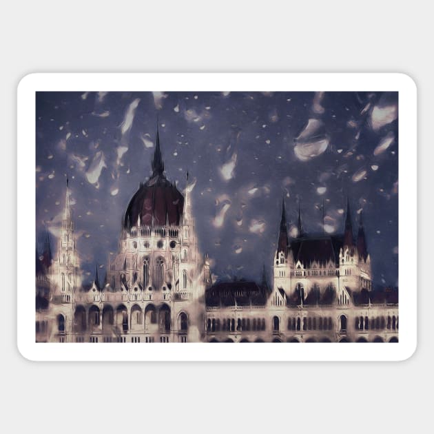 Budapest in the Rain Sticker by BethsdaleArt